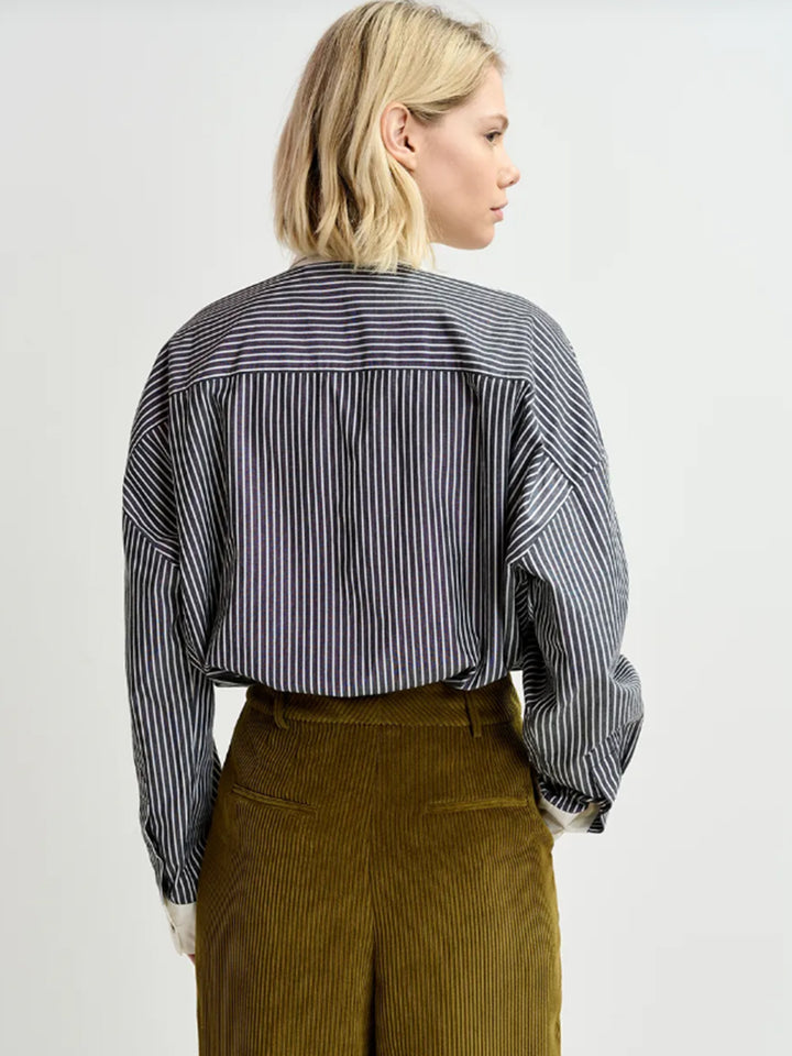 Gail Boxy Cotton Shirt in Black/Off White Stripe