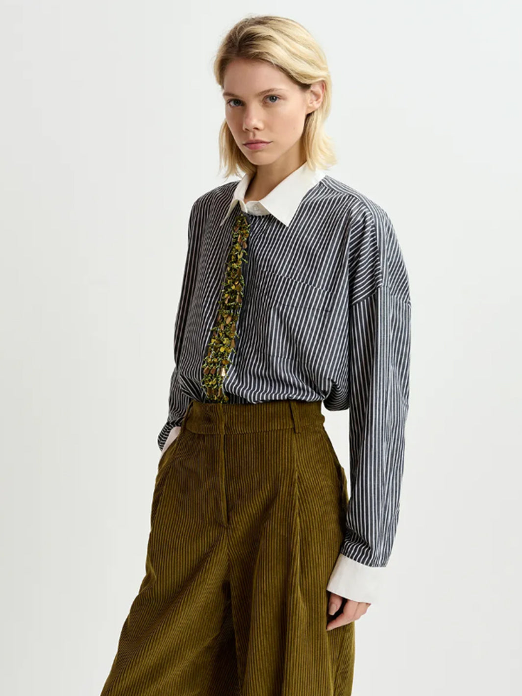 Gail Boxy Cotton Shirt in Black/Off White Stripe