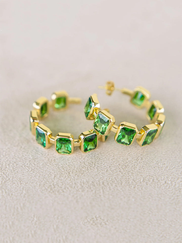Gesu Hoop Earrings in Emerald Green Cubic Zirconia and Yellow Gold