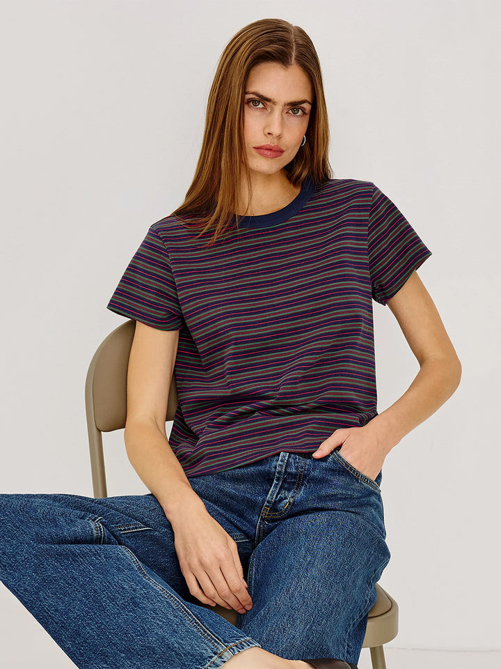 Girlfriend T-Shirt in Maroon Navy Stripe