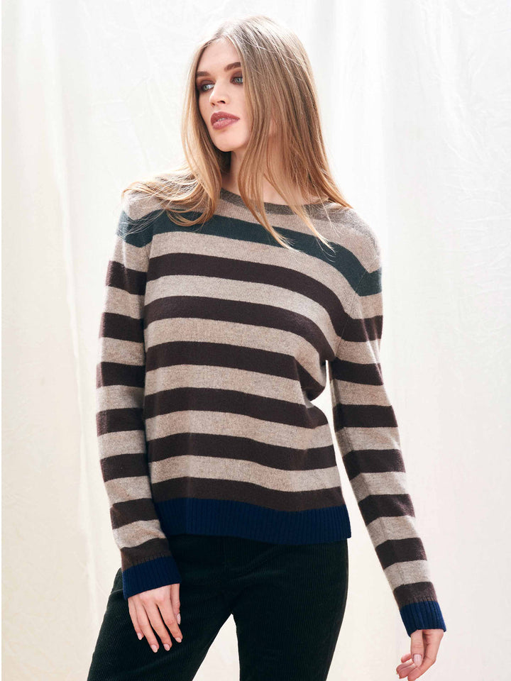 Cashmere Gradient Stripe Crew in Organic Light Brown