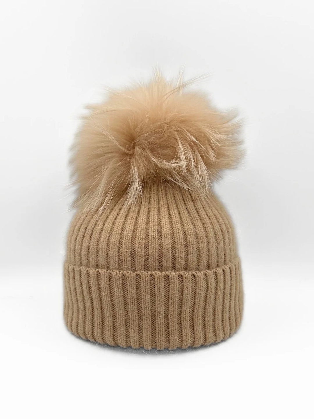 Angora Wool Blend Ribbed Hat in Tan