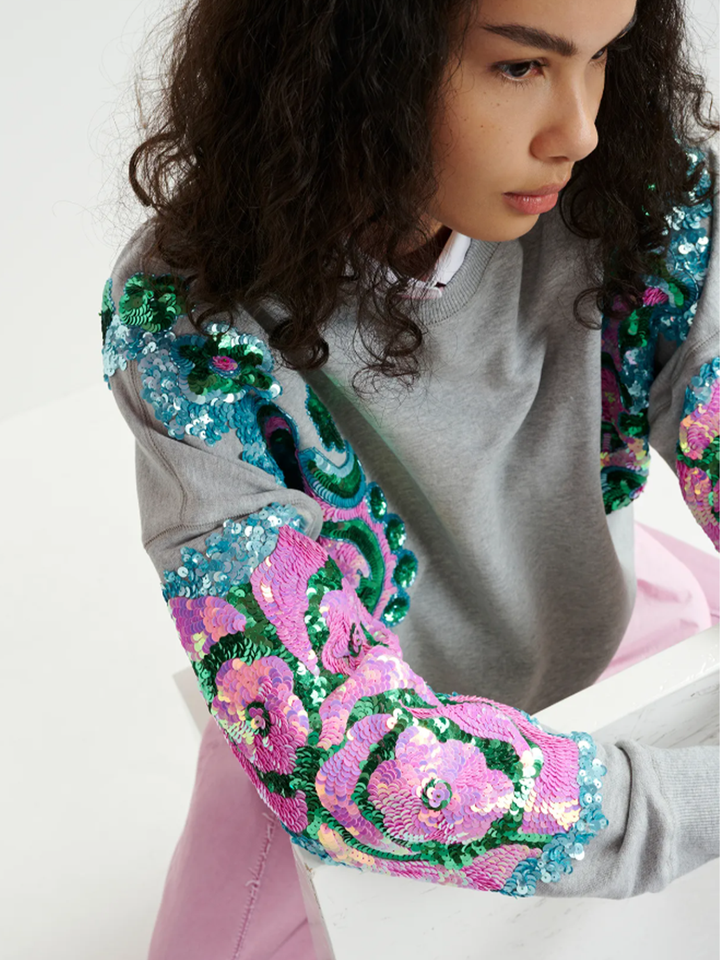 Hecrazy Embroidered Sweatshirt in Grey/Pink/Blue