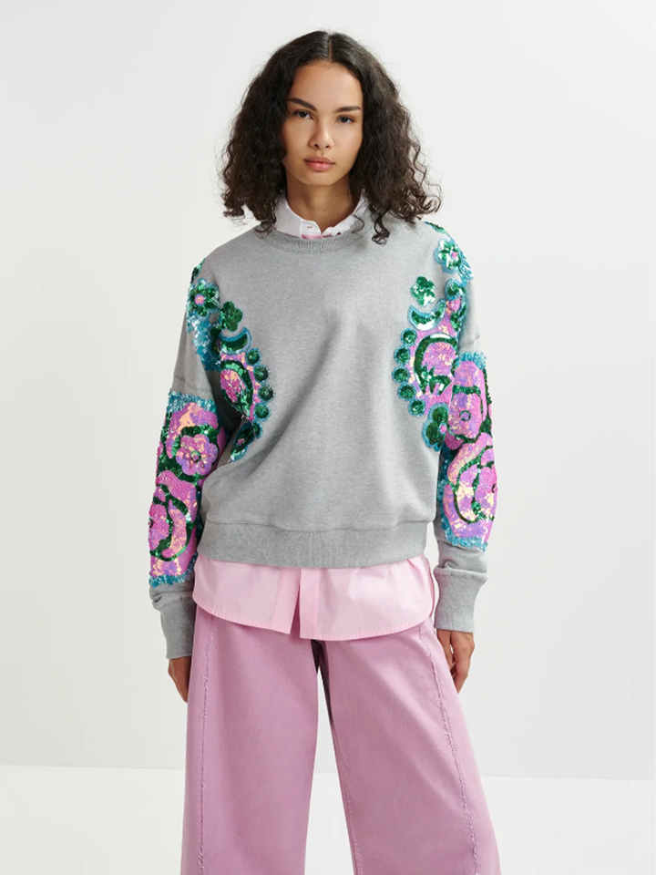 Hecrazy Embroidered Sweatshirt in Grey/Pink/Blue