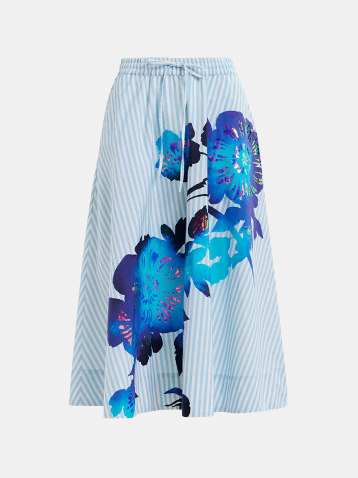 Hemini Foil Print Wide Skirt in Dark Blue, Light Blue, White