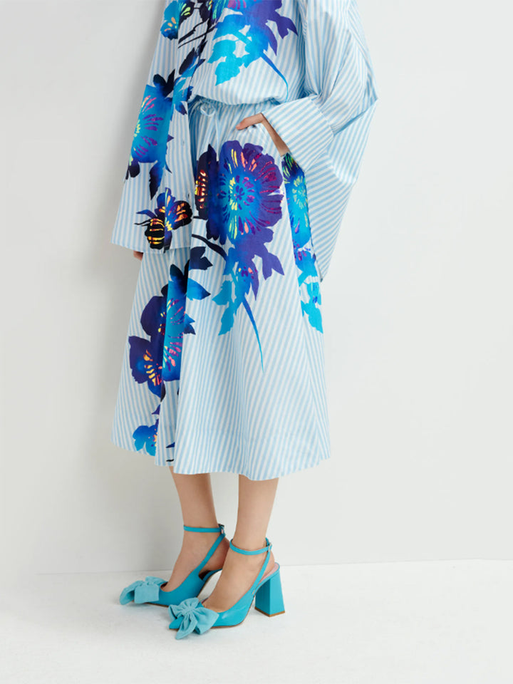 Hemini Foil Print Wide Skirt in Dark Blue, Light Blue, White