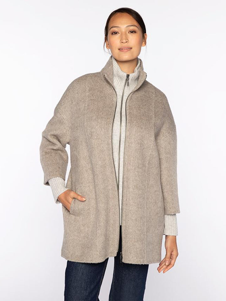 Brushed Herringbone Zip Mock Coat in Taupe Multi