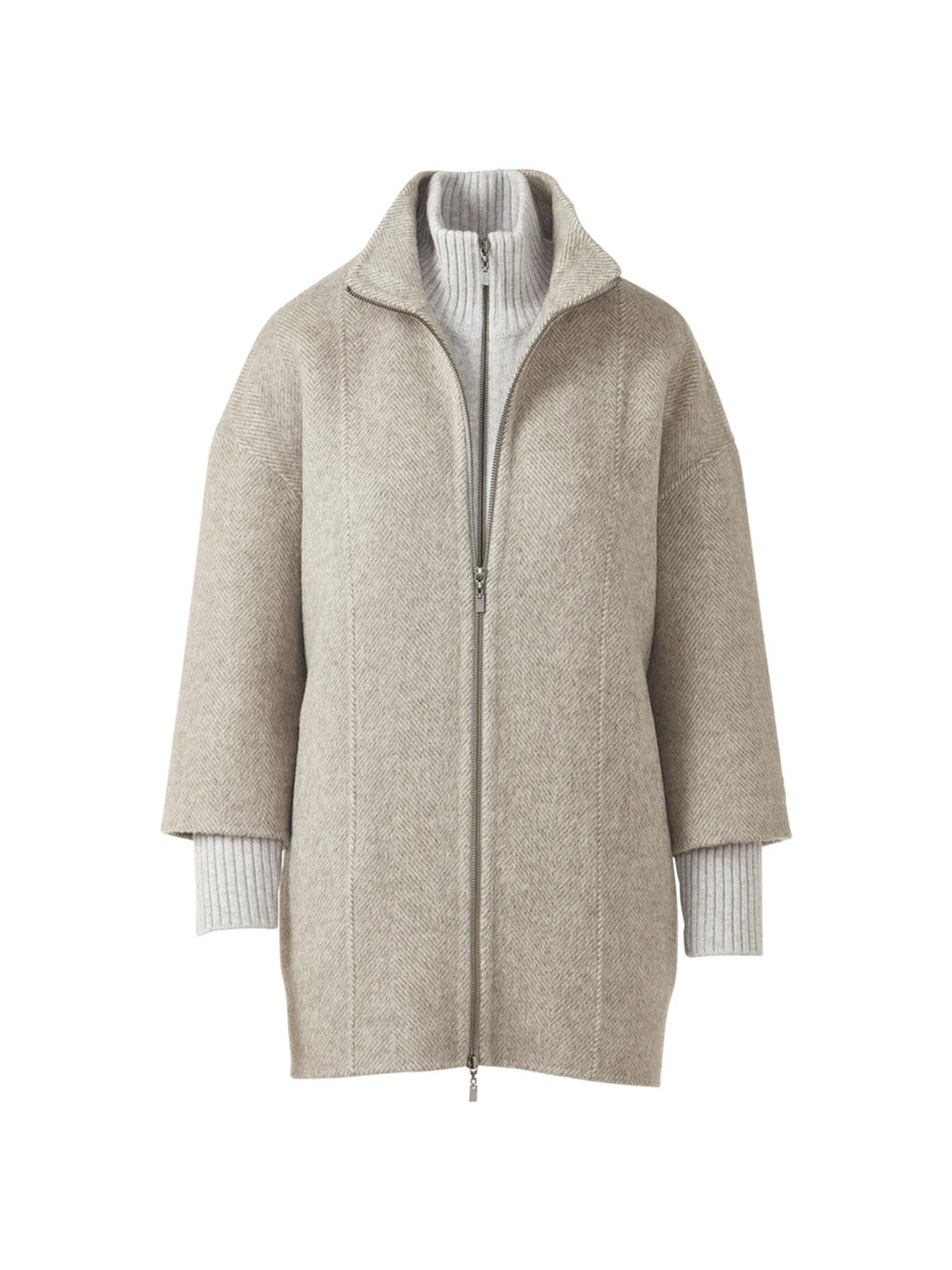 Brushed Herringbone Zip Mock Coat in Taupe Multi