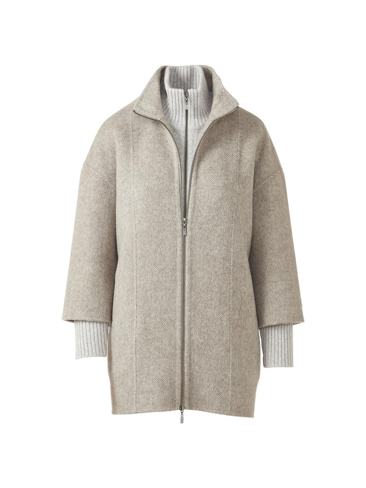 Brushed Herringbone Zip Mock Coat in Taupe Multi