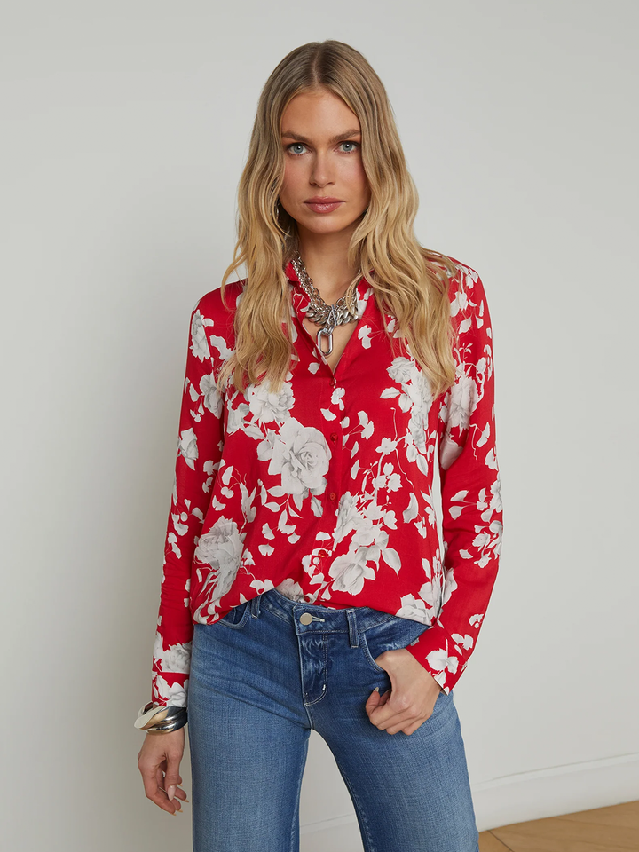 Holly Long Sleeve Blouse in Red/Ivory Ikebana