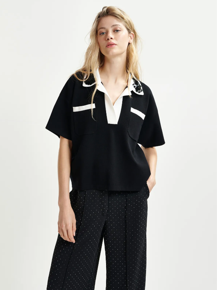 Holseau Embroidered Polo in Black