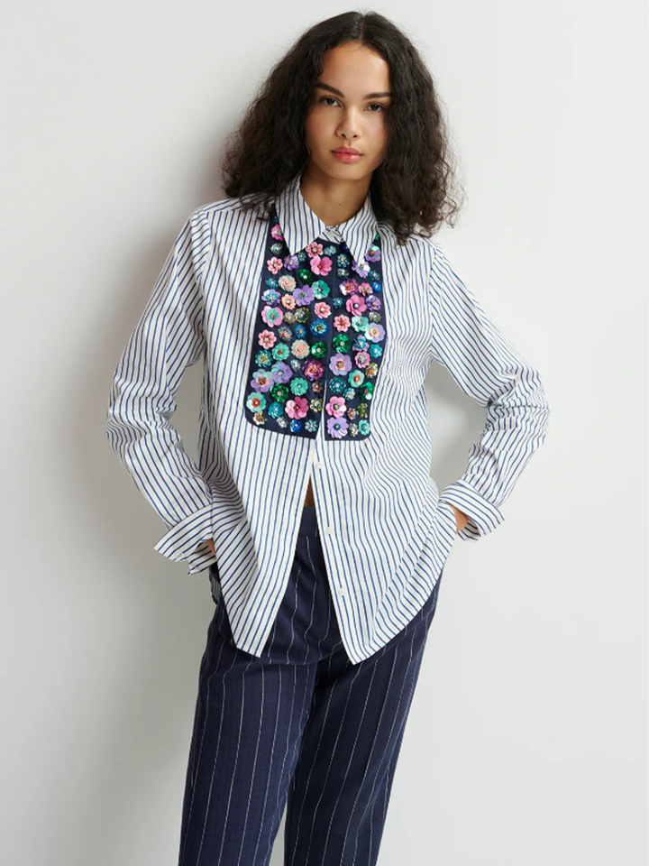 Flower Sequin Shirt in Dark Blue/Pink/White