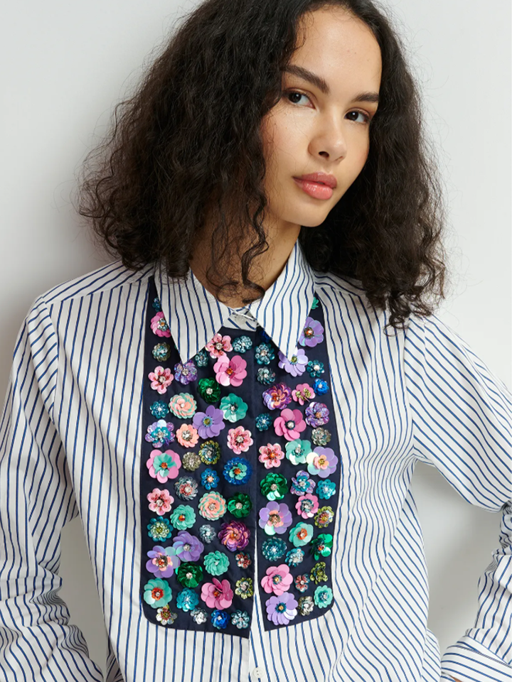 Flower Sequin Shirt in Dark Blue/Pink/White