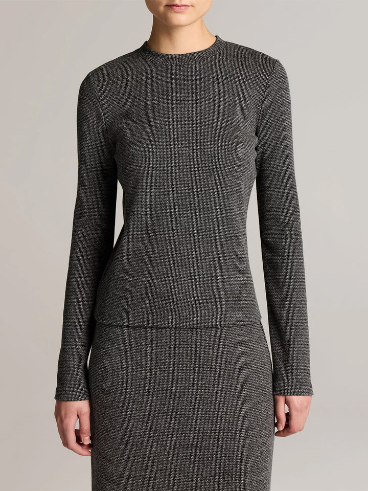 Houndstooth Italian Cotton-Blend Crew Neck Top in Medium Heather Grey