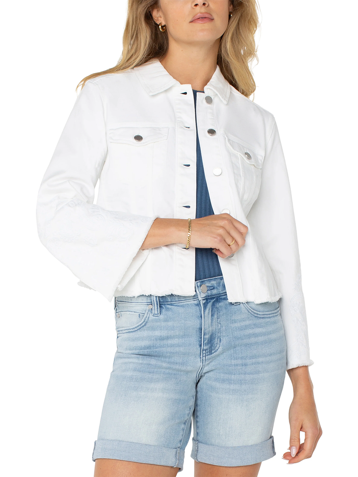 Jacket With Fray Hem & Paisley Embroidery in Bright White Paisley