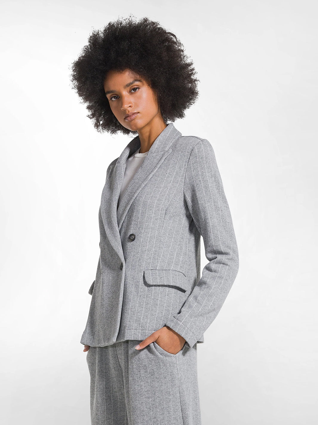 Double Breasted Pinstripe Jacket in Silver Grey