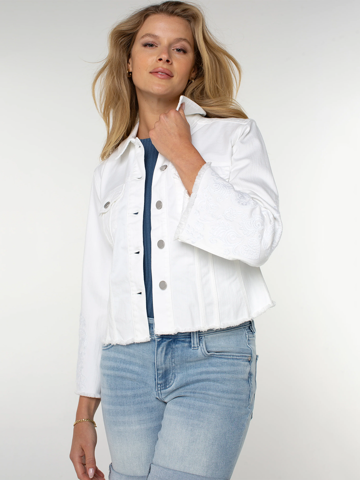 Jacket With Fray Hem & Paisley Embroidery in Bright White Paisley