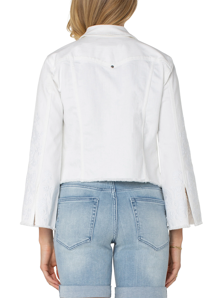 Jacket With Fray Hem & Paisley Embroidery in Bright White Paisley