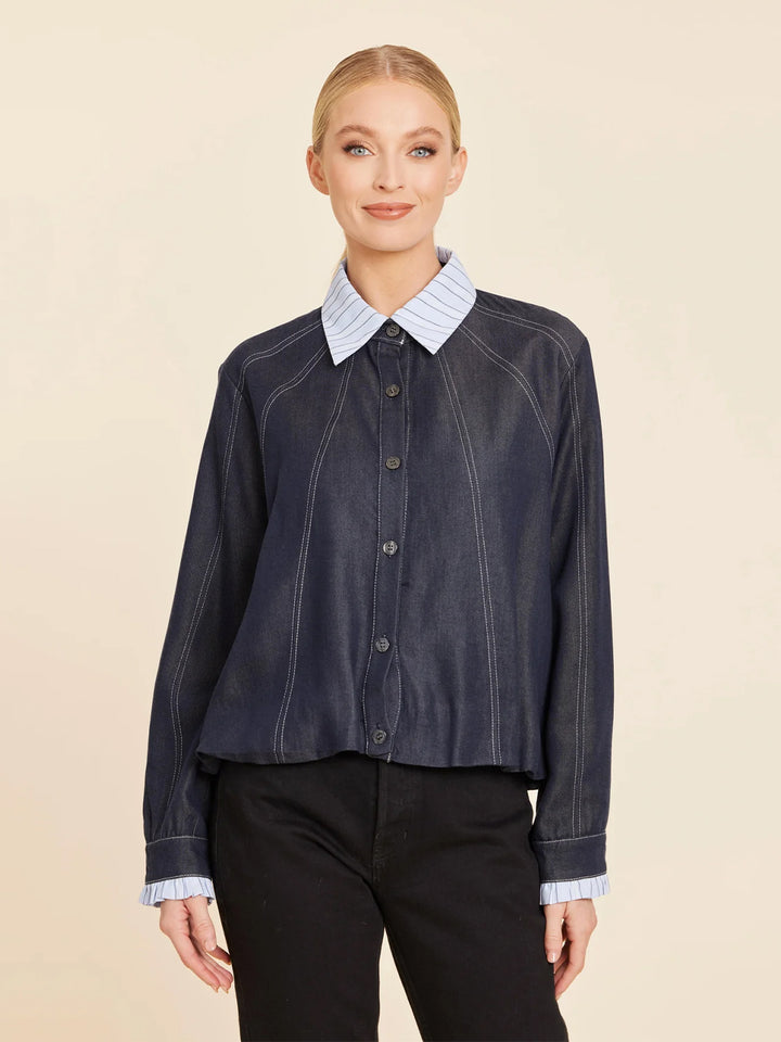 Denim Swing Jacket w/Pinstripe Collar and Cuffs