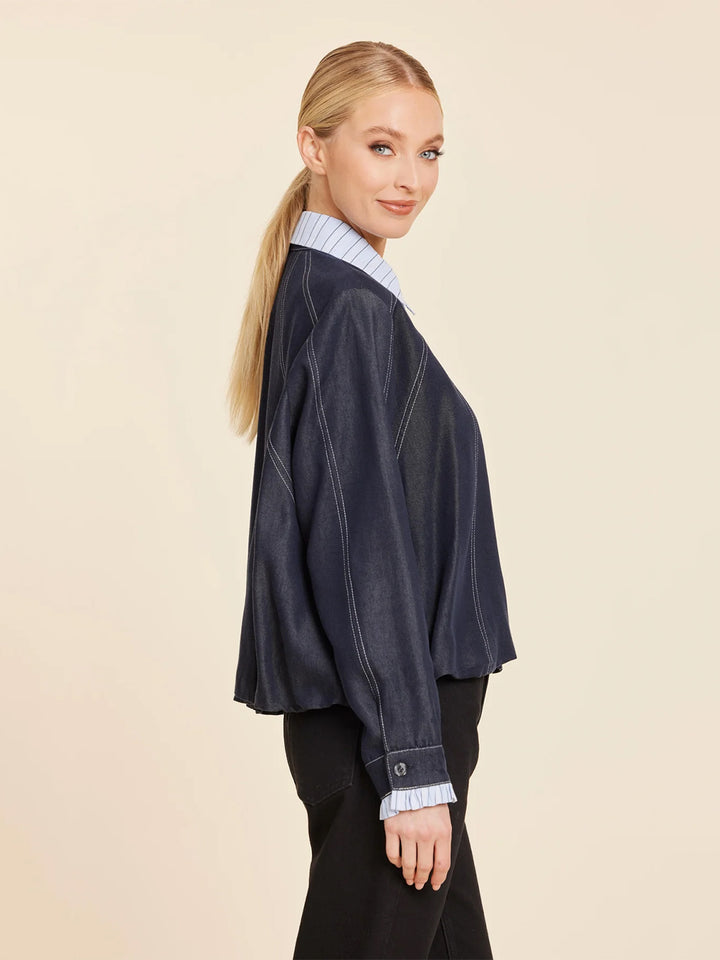 Denim Swing Jacket w/Pinstripe Collar and Cuffs