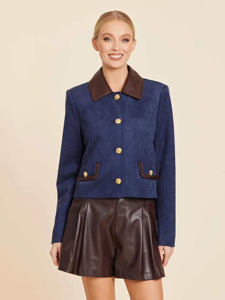 Faux Leather Trimmed Faux Suede Jacket in Navy Multi