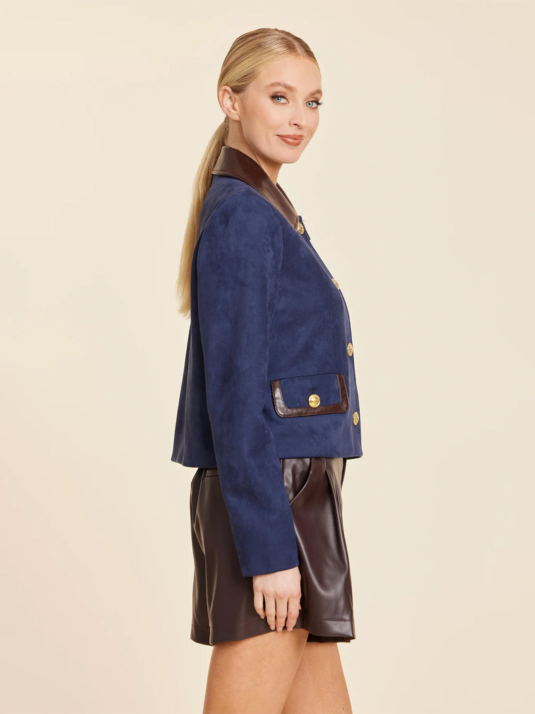 Faux Leather Trimmed Faux Suede Jacket in Navy Multi