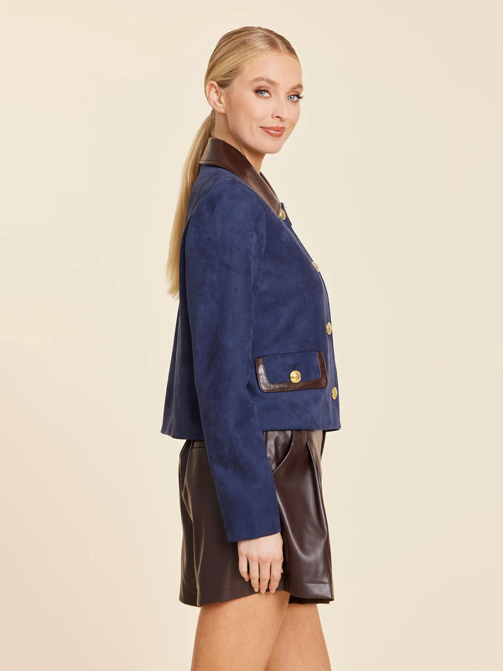 Faux Leather Trimmed Faux Suede Jacket in Navy Multi