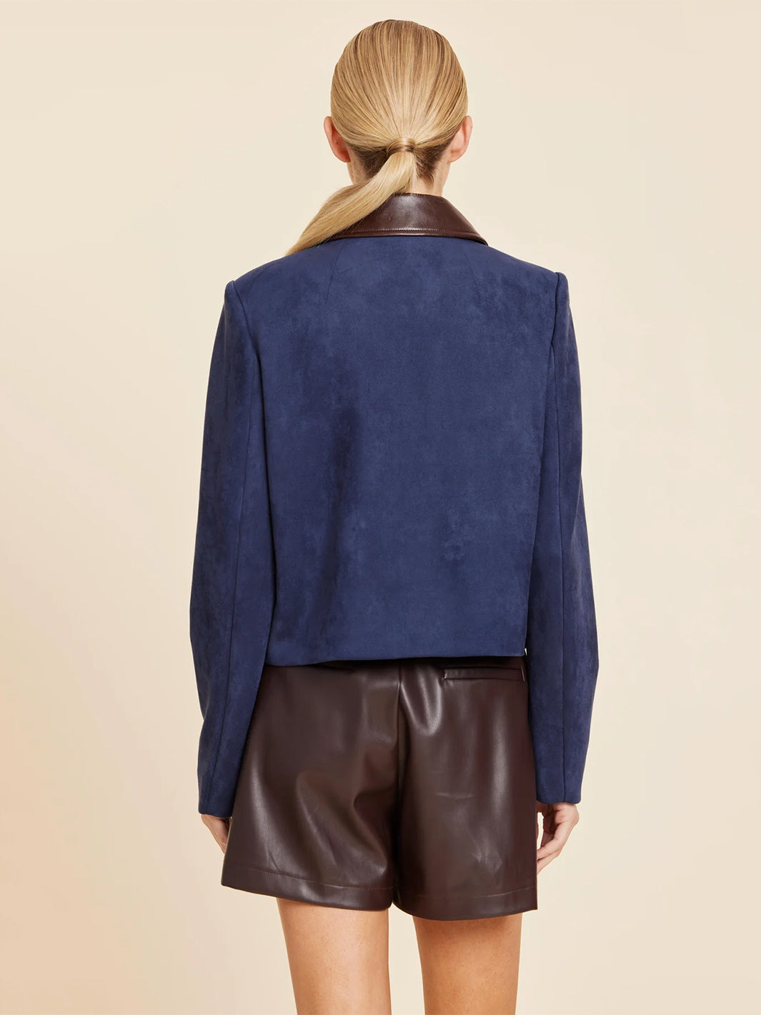 Faux Leather Trimmed Faux Suede Jacket in Navy Multi