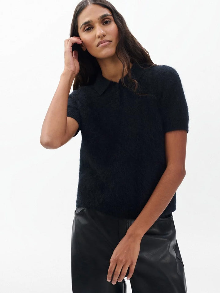 Jada Brushed Cashmere Polo in Black