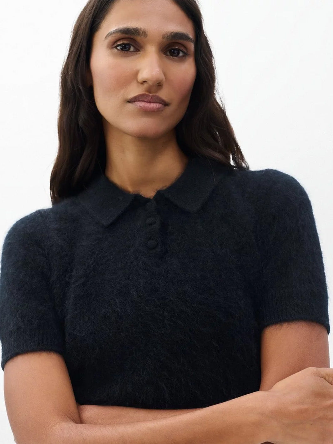 Jada Brushed Cashmere Polo in Black