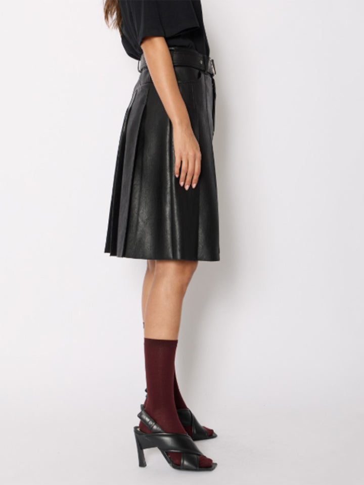 Pleated Faux Leather Midi Skirt in Black