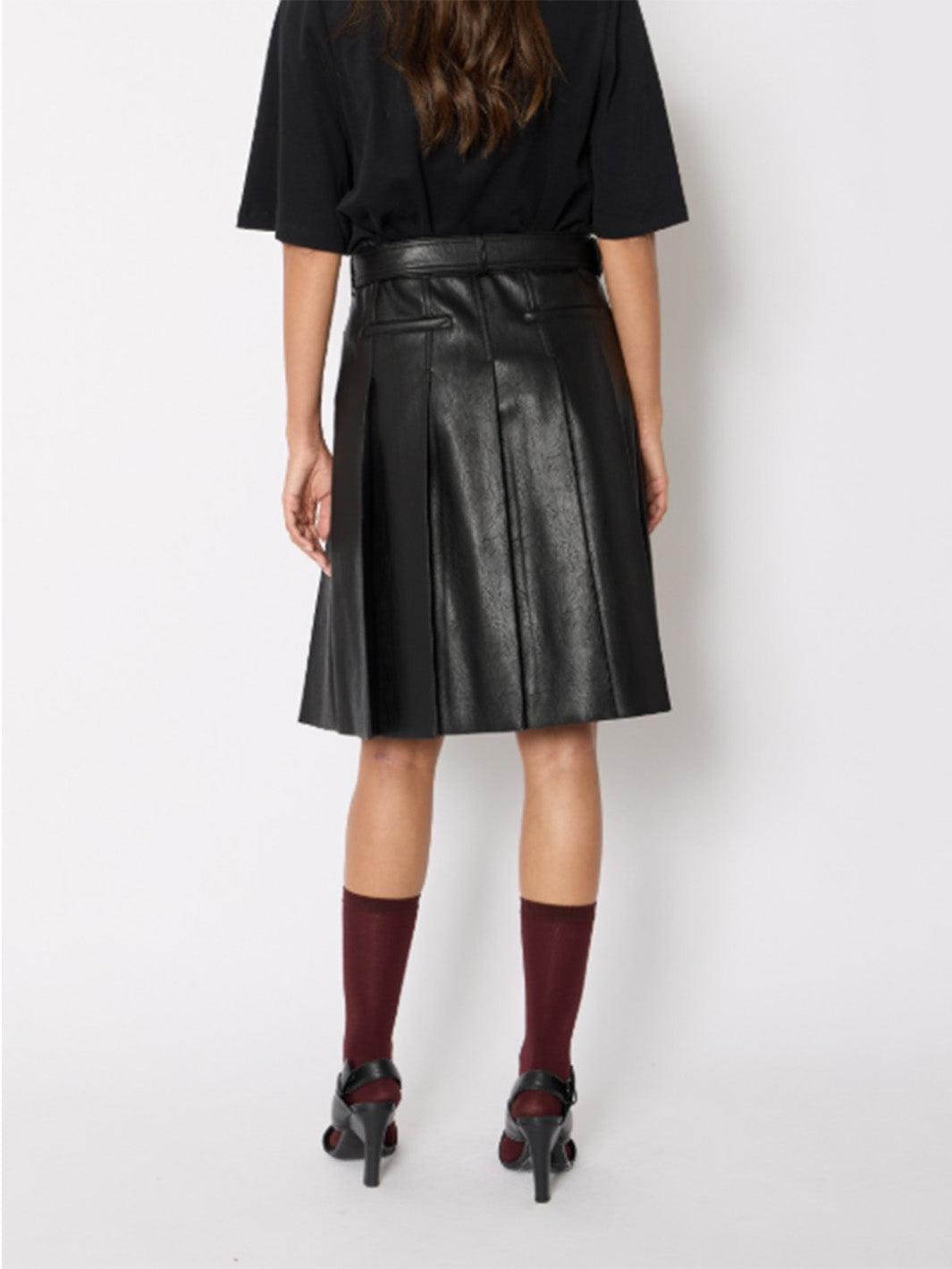 Pleated Faux Leather Midi Skirt in Black