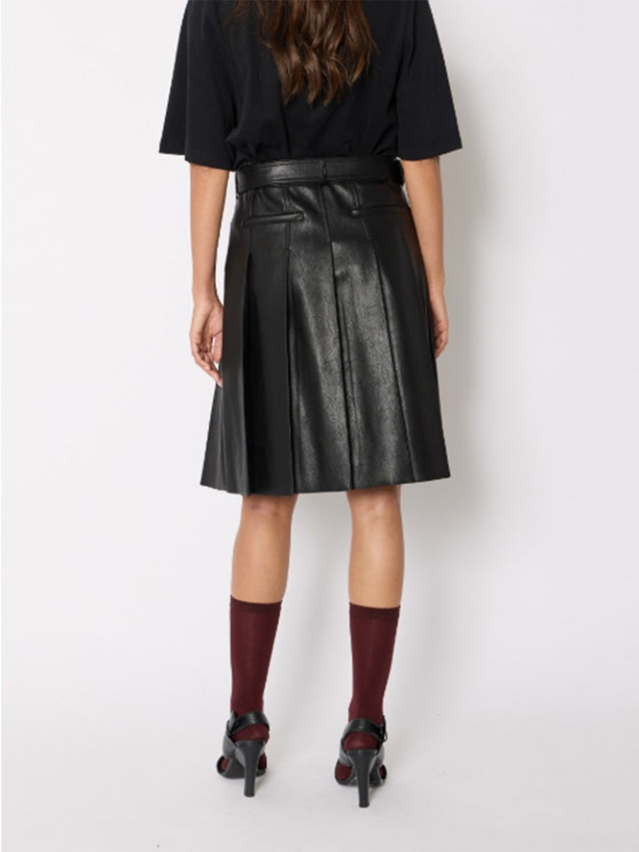 Pleated Faux Leather Midi Skirt in Black