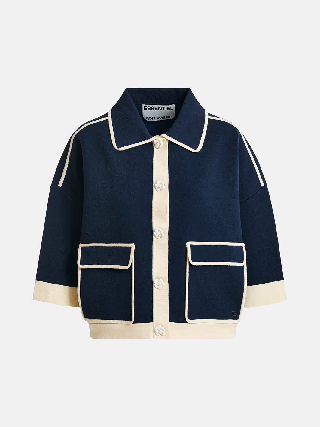 Jugley Knit Cardigan w/Flower Buttons in Navy