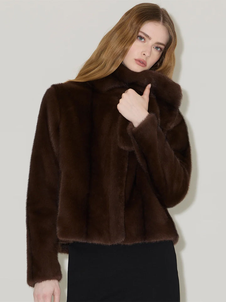 KENDELL-M Boxy Jacket with Scarf Faux Mink Fur in Espresso