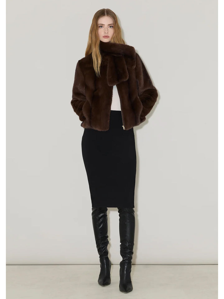 KENDELL-M Boxy Jacket with Scarf Faux Mink Fur in Espresso