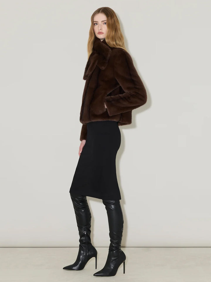 KENDELL-M Boxy Jacket with Scarf Faux Mink Fur in Espresso