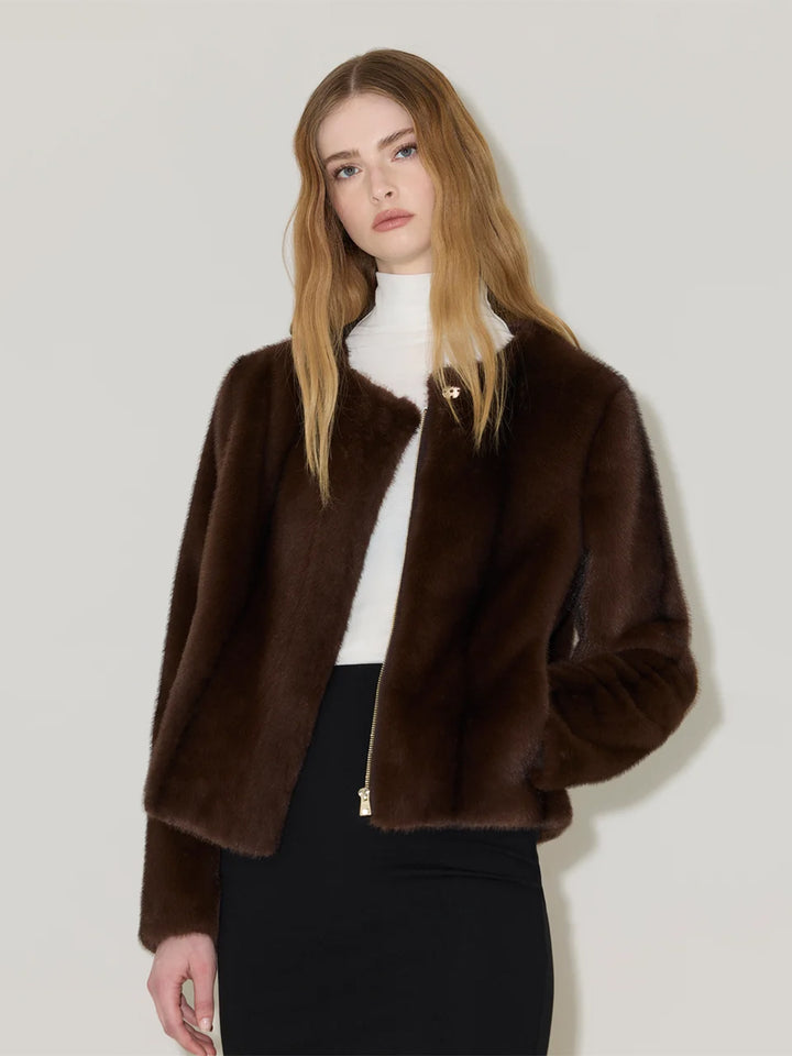 KENDELL-M Boxy Jacket with Scarf Faux Mink Fur in Espresso