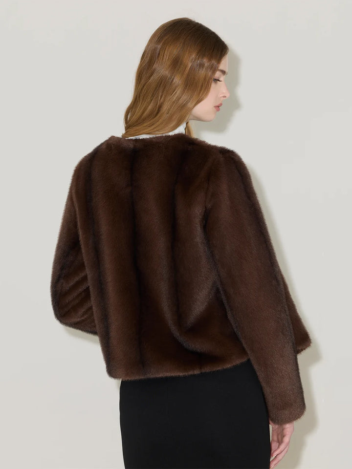 KENDELL-M Boxy Jacket with Scarf Faux Mink Fur in Espresso