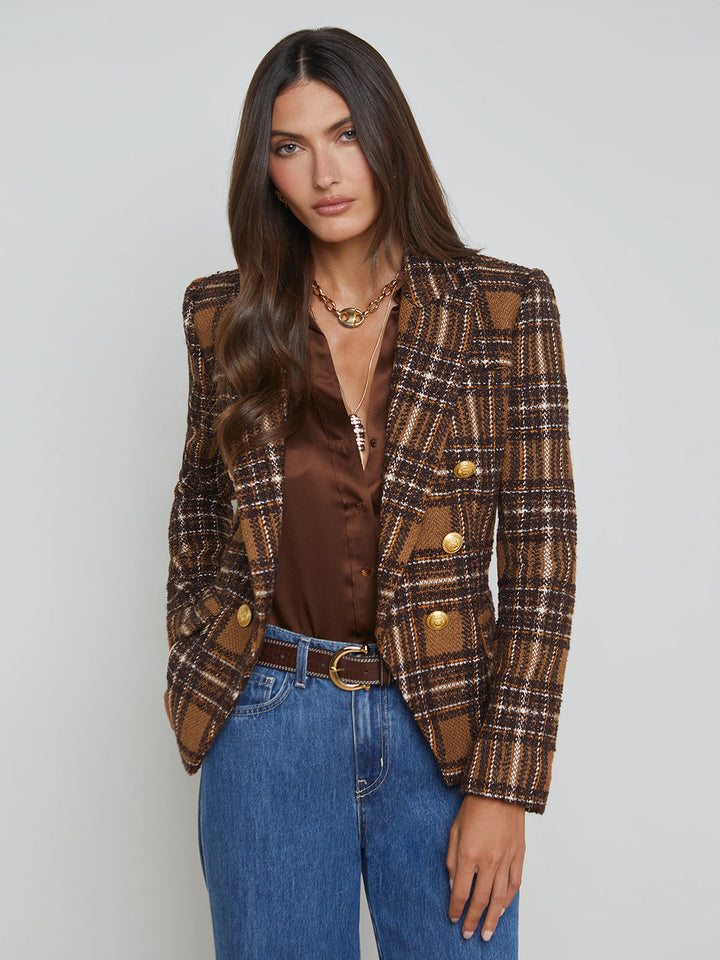 Kenzie Double Breasted Blazer in Brown/Yellow Plaid