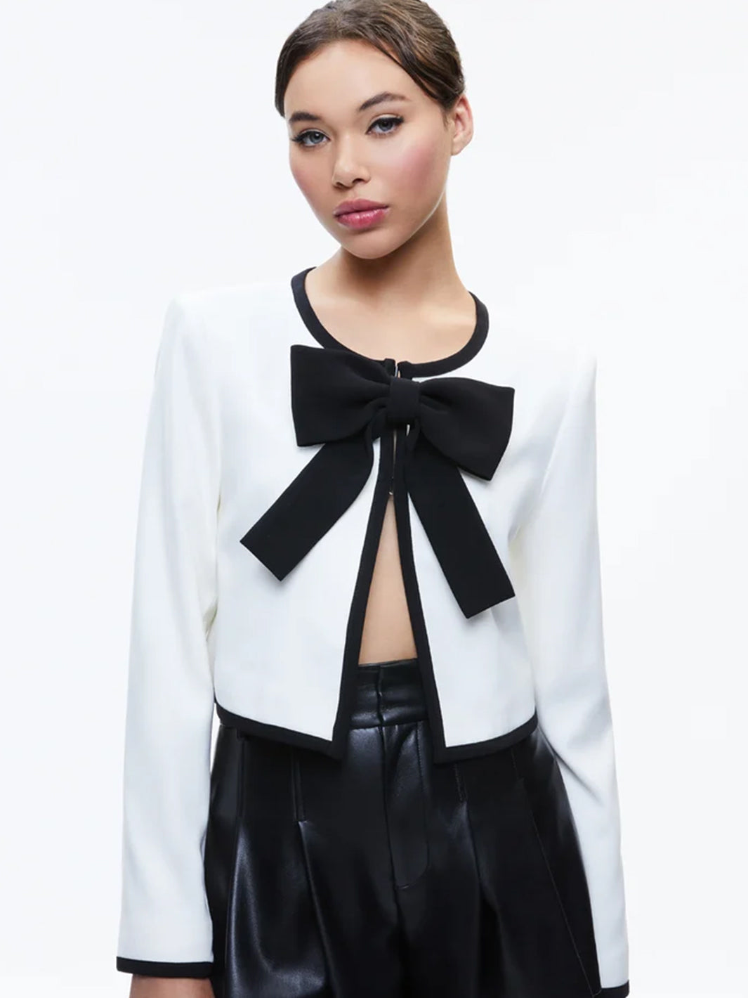 Kidman Bow Front Cropped Jacket in Off White/Black