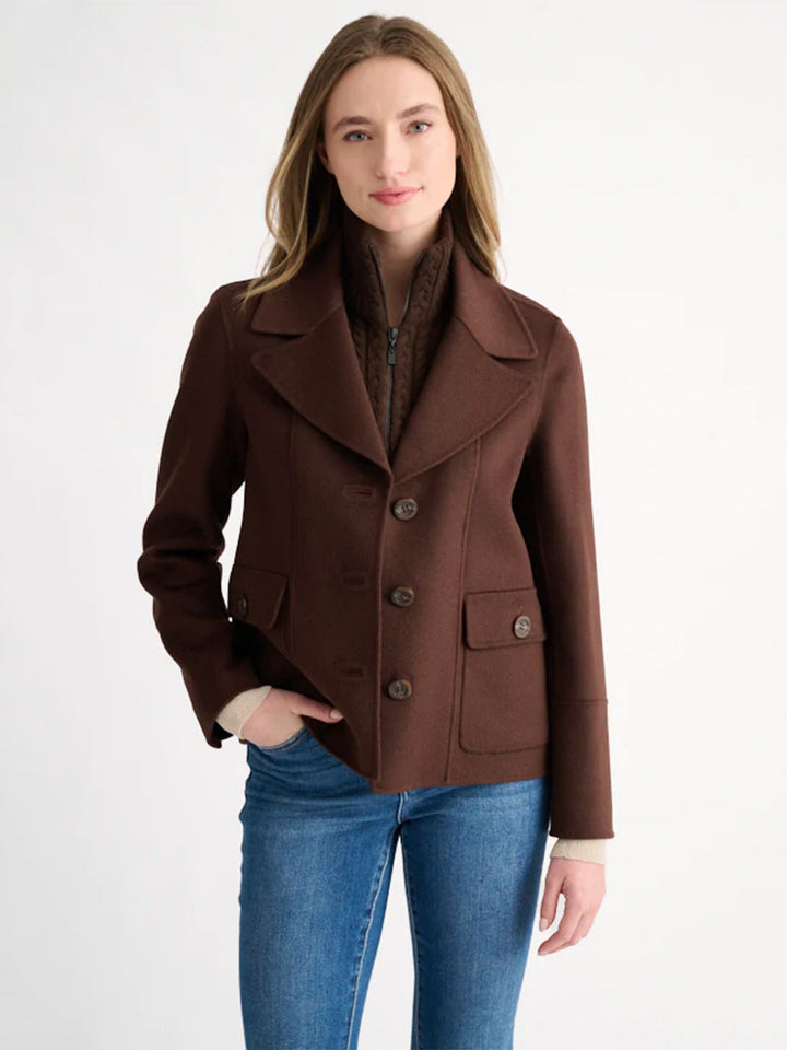 Cable Knit Insert Notch Collar Coat in Chocolate