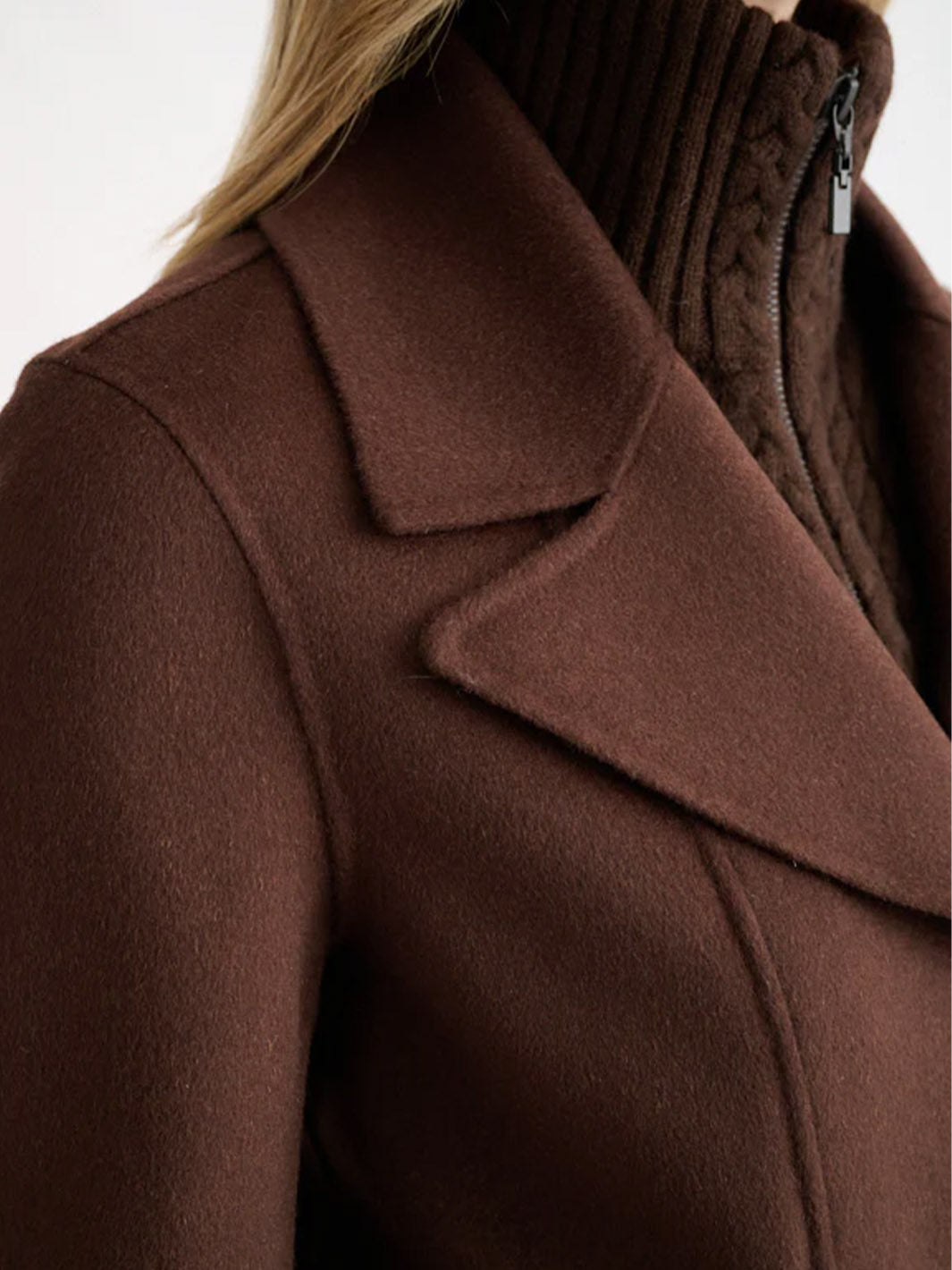 Cable Knit Insert Notch Collar Coat in Chocolate