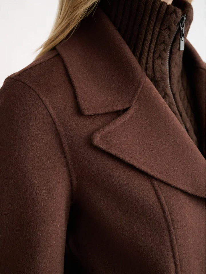 Cable Knit Insert Notch Collar Coat in Chocolate
