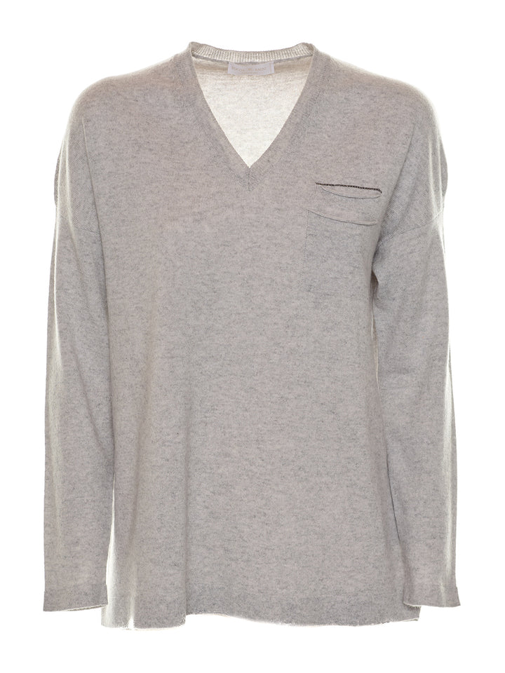 Knitted V-Neck Sweater in Grey