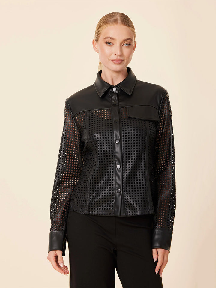 Faux Leather Laser Cut Shirt in Black