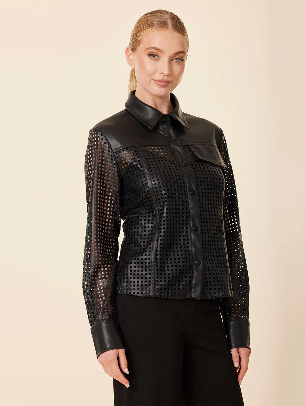 Faux Leather Laser Cut Shirt in Black
