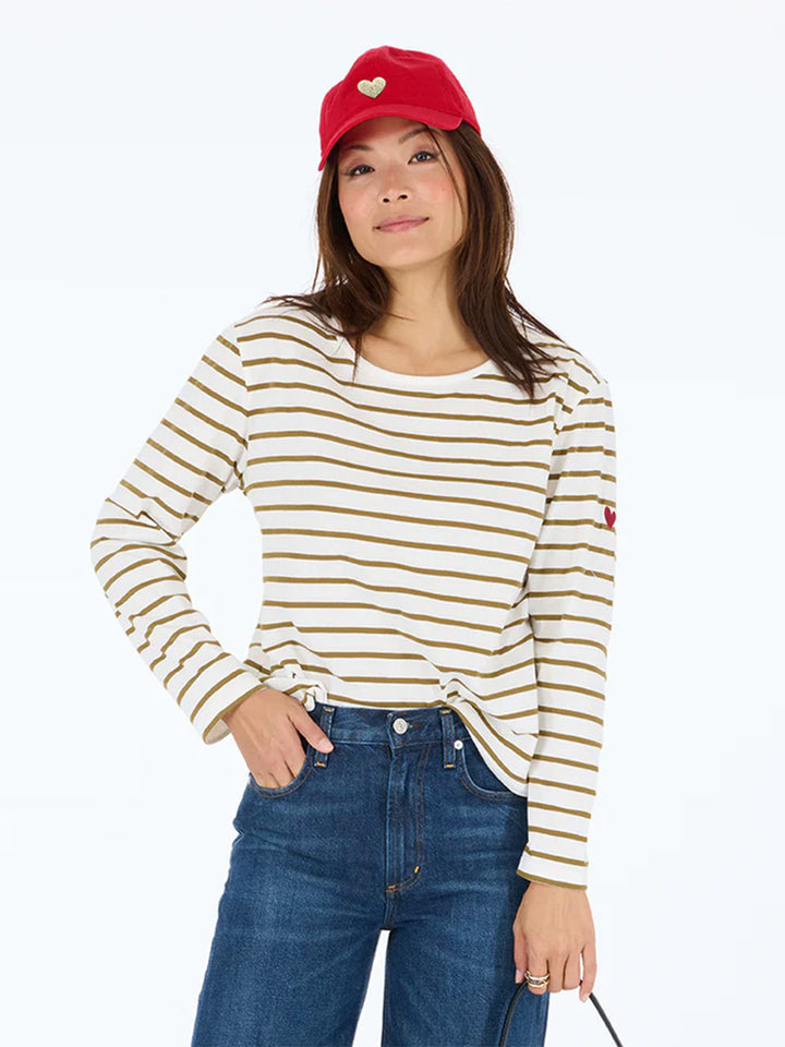Striped Long Sleeve Tee in White/Camel