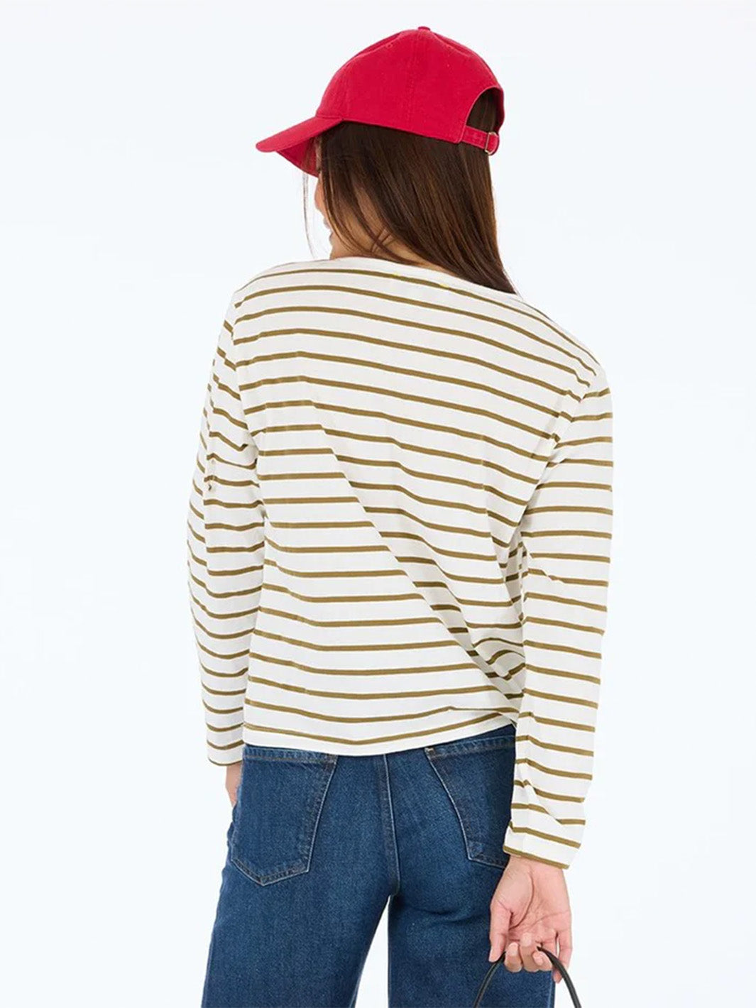 Striped Long Sleeve Tee in White/Camel