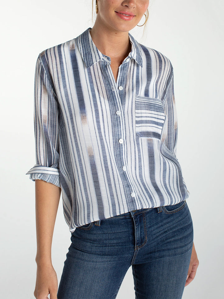 Long Sleeve Button Front Woven Shirt in White Chambray Stripe